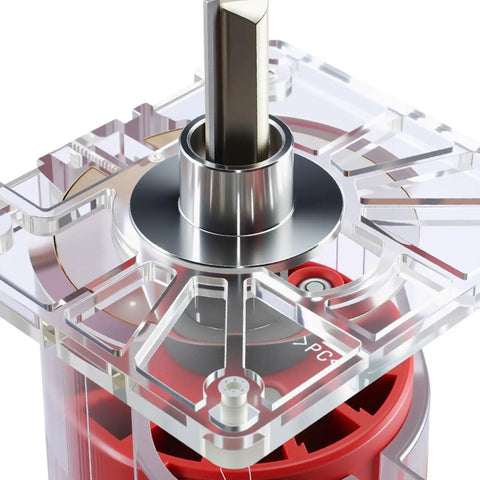 Top Shelf Stainless Steel Router Bushing Template Guide For Wood And Metal Crafts With Bulletproof Durability And No Sweat Alignment For Sick Precision Cuts On All Weekend Warrior Projects; close-up view of the stainless steel base and clear router template.