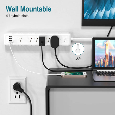 Wall-mounted two pack surge protector power strip with six outlets and four USB ports, angled flat plug, ideal for home office use.