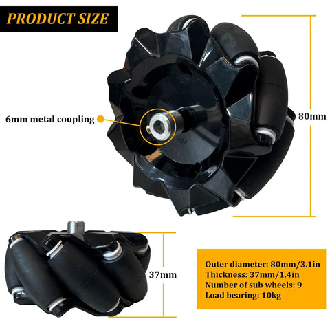 Front view of 80mm Mecanum wheels with 6mm metal coupling, four-piece set for DIY robot chassis.