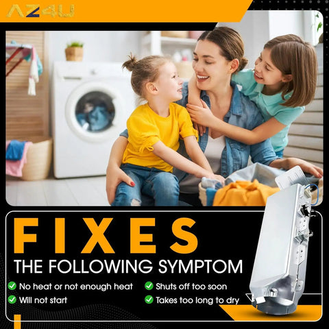Premium Dryer Heating Element Assembly Replacement near family in laundry room with washer in background