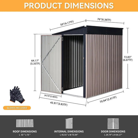 4x6 Ft Lean To Shed With Sloped Roof, Metal Storage Shed With Lockable Doors, Backyard Organizer, Brown, Open Door View