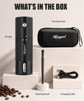 Straight Up Fast Electric Burr Coffee Grinder With Heavy Duty Stainless Steel Blades Cordless Rechargeable Unit with accessories.