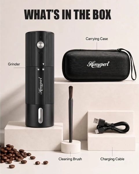 Straight Up Fast Electric Burr Coffee Grinder With Heavy Duty Stainless Steel Blades Cordless Rechargeable Unit with accessories.