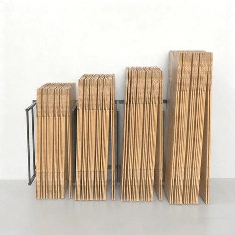 Industrial Grade Cardboard Box Organizer And Vertical Carton Storage Rack For Art Canvases Office Supplies Warehouse Packaging With Dead Simple Tool Free Setup displaying stacked cardboard boxes on a metal frame.