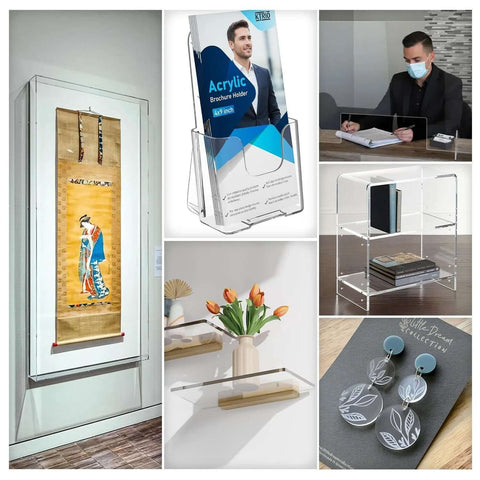 Plexiglass sheets, clear acrylic, 12x24 in, 1/4 in (3 mm), pack of 2, shown as various display uses