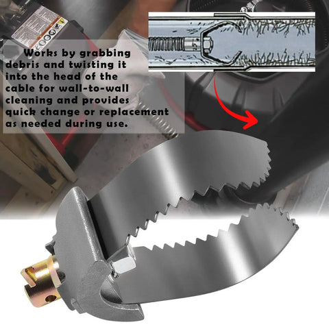 Heavy Duty Three Inch Cable Coupler Cutter Compatible With Ridgid K400 Drum And K50 Sectional Machines, showing shark tooth blades for clogs.