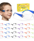 Child wearing Bulk Pack Kid Safe Safety Glasses 24 Pack, ANSI Z87.1 Certified Clear Lenses, multicolor frames on display