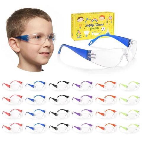 Child wearing Bulk Pack Kid Safe Safety Glasses 24 Pack, ANSI Z87.1 Certified Clear Lenses, multicolor frames on display