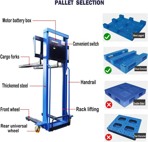 Detailed view of Semi Electric Pallet Stacker With Remote Control 1500 Lbs Heavy Duty Hydraulic Hand Truck features and function.