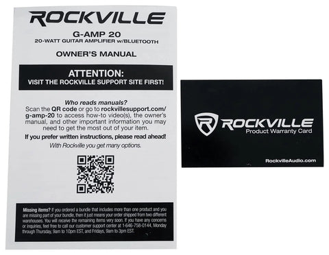 Owner's manual and warranty card for 20 Watt Guitar Amp Combo With Bluetooth Built In Delay Dual Guitar Inputs Clean And Overdrive Modes