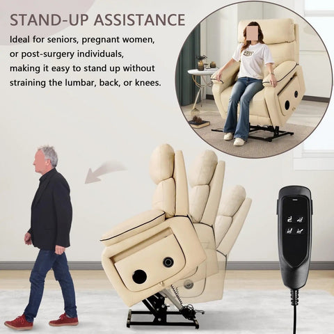Cozy Dual Motor Electric Lift Recliner Chair With Lumbar Heating And Massage For Seniors in raised position with remote control.