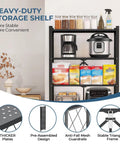 Super Durable Triple Tier Metal Wire Shelf That Is Hella Versatile For Kitchen Pantries Garages And Bedrooms Easy Foldable Design Makes Clutter Disappear Fast with various kitchen items.
