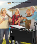 Group enjoying drinks with 80 Quart Rolling Cooler Wagon With Long Handle And 10 Inch Wheels For Beach Patio Party Beers And Beverages