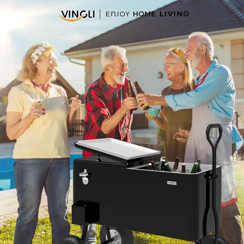 Group enjoying drinks with 80 Quart Rolling Cooler Wagon With Long Handle And 10 Inch Wheels For Beach Patio Party Beers And Beverages