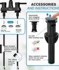 Matte Black 4 Inch Centerset 3 Hole Bathroom Faucet With Two Handles Lead Free Copper Pop Up Drain SUS304 Stainless Steel 1.2 GPM Water Saving Aerator CEC Listed accessories and installation instructions