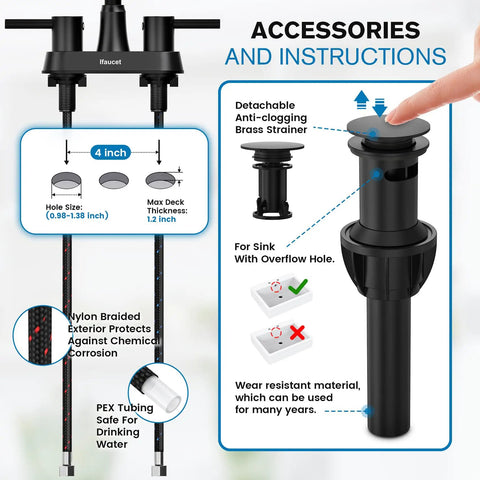 Matte Black 4 Inch Centerset 3 Hole Bathroom Faucet With Two Handles Lead Free Copper Pop Up Drain SUS304 Stainless Steel 1.2 GPM Water Saving Aerator CEC Listed accessories and installation instructions