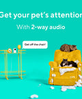 360 Degree Indoor PTZ Pet Cam With Color Night Vision Remote App Control Pan Tilt Zoom Auto Waypoints Perfect For Dog Cat Baby And Elderly Monitoring Two-Pack Security System, shown with yellow chair and cats.