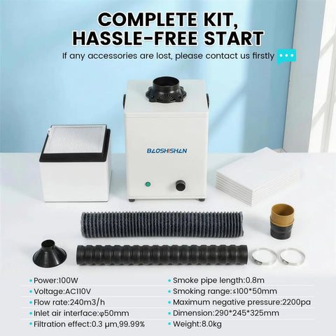 Complete kit of 100W Solder Fume Extractor With 240m3h Suction, 3 Layer Filtration For Welding And Laser Cutting, components displayed.