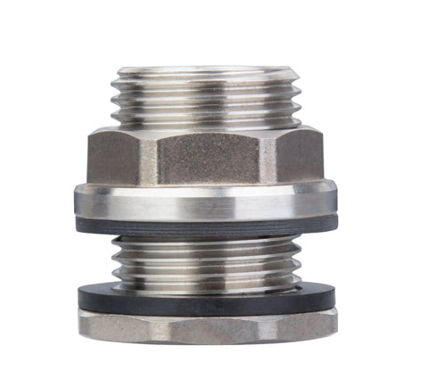 Beefy Heavy Duty Stainless Steel Bulkhead Tank Fitting 304, 1/2 Inch NPT Female On Both Ends To 3/4 Inch Garden Hose Male shown
