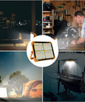 Solar Powered Work Light With 100W LED, 16500mAh Battery, 10000 Lumens in various outdoor and work settings.