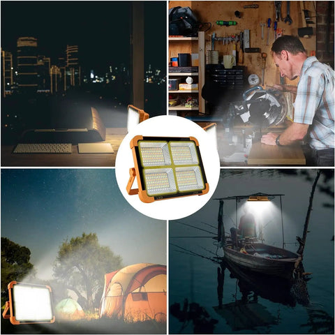 Solar Powered Work Light With 100W LED, 16500mAh Battery, 10000 Lumens in various outdoor and work settings.