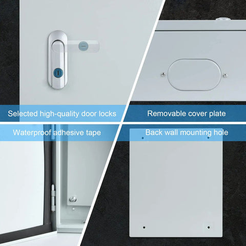 Rugged Wall Mounted Electrical Junction Box For Indoor And Outdoor Use Heavy Duty Steel Enclosure With Waterproof And Dustproof Seal featuring secure locks, removable cover, adhesive tape, and mounting hole