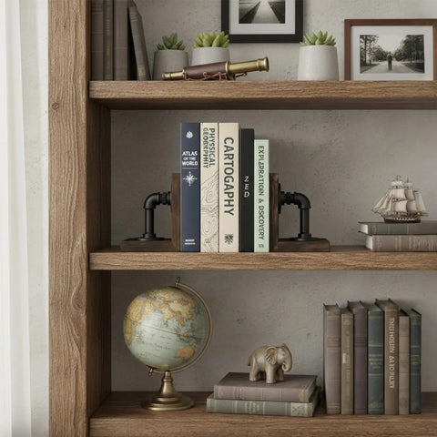Legit Industrial Bookends Featuring Charred Pine And Genuine Metal Pipe Fittings And Badass 2 Piece Set For Modern Farmhouse Desks And Rustic Steampunk Home Decor on a wooden shelf.