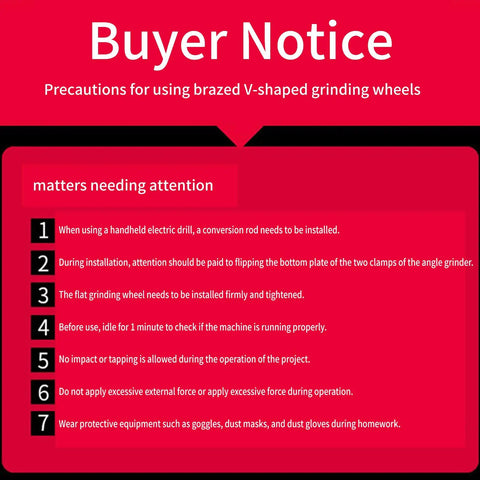 Buyer notice on precautions for Pro-Grade Diamond Grinding Wheel For Marble And Granite, 20mm Bore V-shaped V-notch profile.