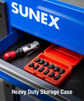Quarter Inch Drive Magnetic Impact Socket Set, 12-Piece Metric 5mm To 15mm in a heavy duty storage case displayed on a shelf