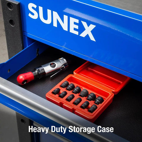 Quarter Inch Drive Magnetic Impact Socket Set, 12-Piece Metric 5mm To 15mm in a heavy duty storage case displayed on a shelf