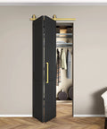 36 Inch By 84 Inch Bi Fold Barn Door Set With Two Panels And Brushed Gold Hardware Space Saving Interior Sliding Door For Closets Pantry Or Laundry Rooms Hollow Core Textured Black Finish Includes Hardware Kit Quiet Smooth Rollers No Brainer Easy Install installed in closet doorway