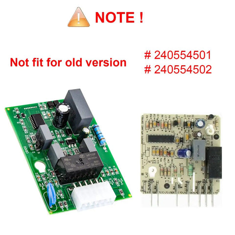 Replacement Fridge Defrost Control Board Compatible With Multiple Model Numbers Including 5303918476, 241508001 showing two incompatible boards.