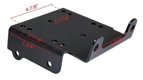 ATV Winch Mount For Suzuki King Quad 450 500 700 750 Beefed Up Heavy Duty Steel Mount With Standard 4 Hole And 2 Hole Pattern Fits 2000 To 3600 Lbs Winches For ATV UTV Use, black powder-coated steel with dimensions labeled in red.
