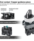 Close-up of Two Pack Beefy Metal Head Selector Switch 2 Position 1NO 10A 600V Industrial Toggle Switch components and labels