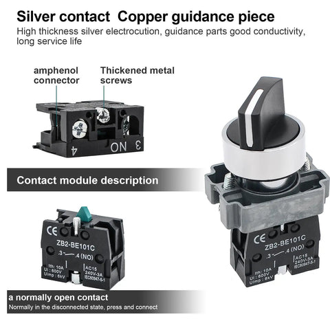 Close-up of Two Pack Beefy Metal Head Selector Switch 2 Position 1NO 10A 600V Industrial Toggle Switch components and labels