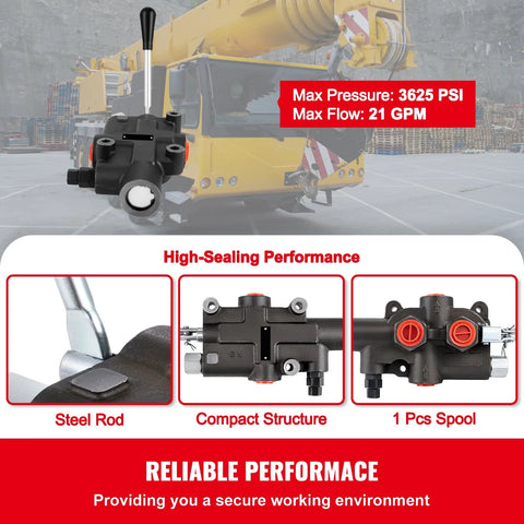 Compact hydraulic control valve for tractors, featuring 21 GPM and 3625 PSI performance, durable and optimized for tight spaces.