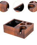 Level Up Your Pour With This Espresso Tamping Station Featuring A Heavy Duty Coffee Tamper Holder And Powder Distributor. Non Slip Rubber Base Keeps Mess At Bay. Espresso tamping station with wooden design and multiple compartments.