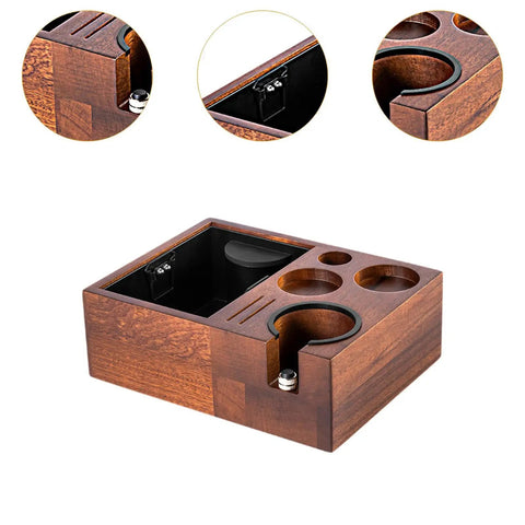 Level Up Your Pour With This Espresso Tamping Station Featuring A Heavy Duty Coffee Tamper Holder And Powder Distributor. Non Slip Rubber Base Keeps Mess At Bay. Espresso tamping station with wooden design and multiple compartments.