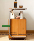 Movable Glass Cabinet Side Table With Wheels, Multi Layer Shelves And Glass Front, 360 Degree Mobility, metal brackets visible