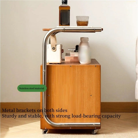 Movable Glass Cabinet Side Table With Wheels, Multi Layer Shelves And Glass Front, 360 Degree Mobility, metal brackets visible