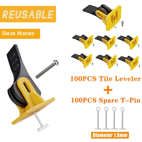 Pro Grade Tile Leveling System Kit With 200 Pcs Spacers And Replaceable Steel Pins, shown with reusable levelers