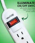 Illuminated switch on Long Reach 50 Foot 6 Outlet Surge Protector Power Strip With Lighted On And Off Switch 350 Joules 15 Amp 120 Volt 14 Gauge Wire