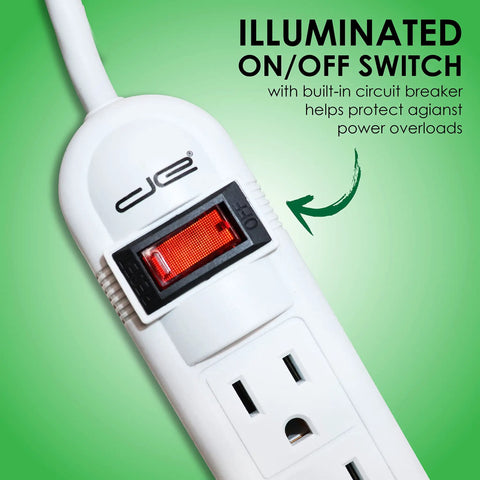 Illuminated switch on Long Reach 50 Foot 6 Outlet Surge Protector Power Strip With Lighted On And Off Switch 350 Joules 15 Amp 120 Volt 14 Gauge Wire