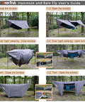 User's guide for Camping Hammock With Mosquito Net And Rain Fly Tarp For Outdoor Adventures shown in various setups in a forest.