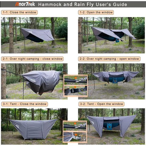 User's guide for Camping Hammock With Mosquito Net And Rain Fly Tarp For Outdoor Adventures shown in various setups in a forest.