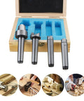 Kick Start Your Woodworking Game With This Heavy Duty Mt2 Spur Live Center Set designed for precision turning, showing four steel centers in a wooden box.
