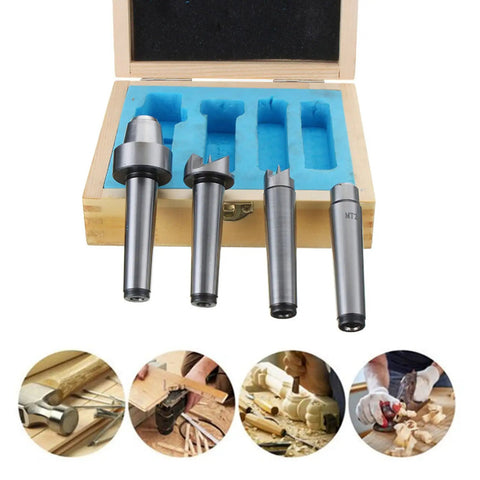 Kick Start Your Woodworking Game With This Heavy Duty Mt2 Spur Live Center Set designed for precision turning, showing four steel centers in a wooden box.