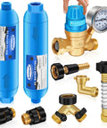 Must Have Adjustable RV Water Pressure Regulator Kit With Inline Filter Brass Elbow Hose Splitter Quick Connects Flexible Connector