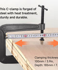 Heavy Duty Deep Throat U Clamp G Style Woodworking Steel Deep Reach C Clamp on wooden board with tape measure, jaw 100mm-185mm
