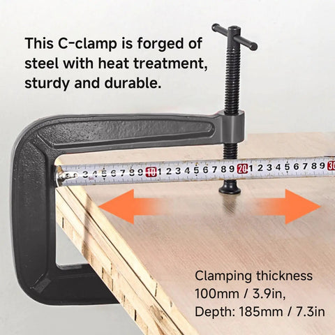 Heavy Duty Deep Throat U Clamp G Style Woodworking Steel Deep Reach C Clamp on wooden board with tape measure, jaw 100mm-185mm